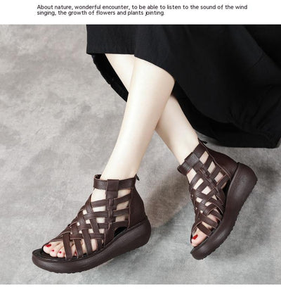 Sandalias Étnicas Retro con Cuña - Botas Tipo Sandalia de Cuero Genuino para Mujer - Image 22