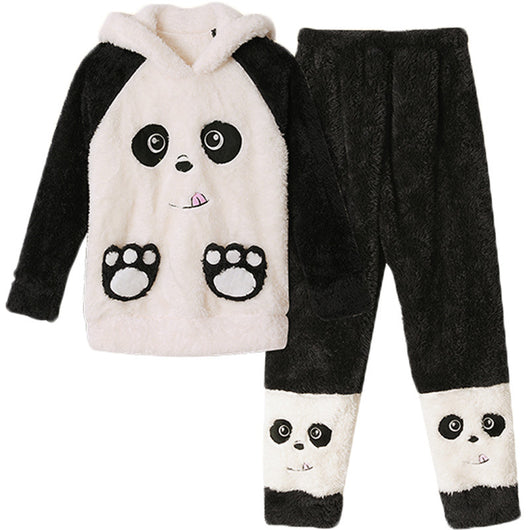 Family wearing matching black and white panda plush housewear suits with hoods and checkered pants, posing indoors. - Image 15