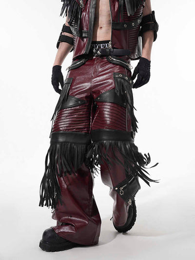 Pantalones de Cuero PU Rojo Diseño Deconstruido para Hombre - Image 4