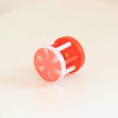 Colorful plastic cat bell roller toy with yellow and orange wheel, white and yellow rods, and a white end cap. - Image 9