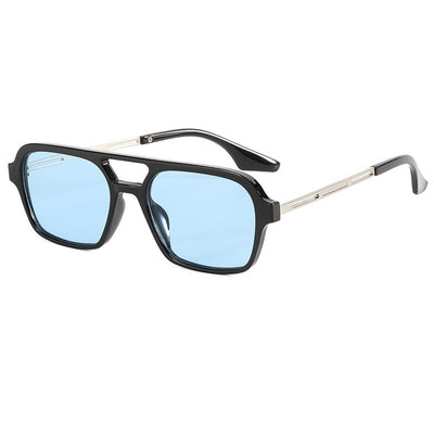 Retro black frame sunglasses with pink square lenses and a double bridge, featuring silver-colored temple accents. - Image 11
