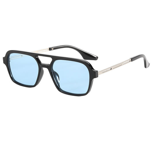 Retro black frame sunglasses with pink square lenses and a double bridge, featuring silver-colored temple accents. - Image 11