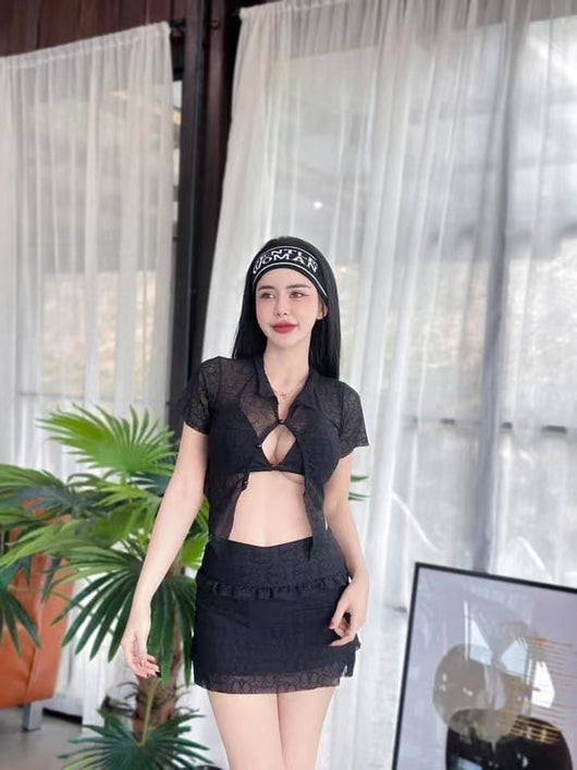 Fashion personalized black split bikini with sheer short-sleeve top, matching mini skirt with ruffle and lace trim. - Image 4