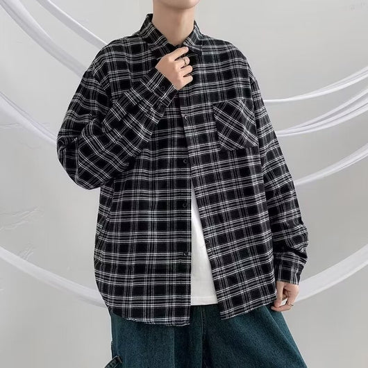 Camisa de Cuadros Negra Suelta y Casual de Manga Larga para Hombre - Image 8