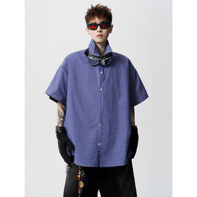 Camisa Preppy de Cuadros Azul Retro Americana de Manga Corta para Hombre - Image 6