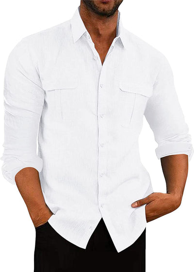 Camisa Hombre Algodón Lino con Bolsillos Dobles Estilo Europeo - Image 15