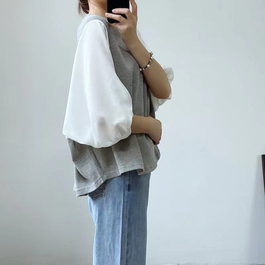 Blusa Suelta de Cuello Redondo con Bloques de Color - Estilo Japonés y Coreano - Image 11