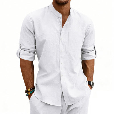 Camisa de Lino Estilo Americano con Cuello Mao y Mangas Medianas para Hombre - Image 32