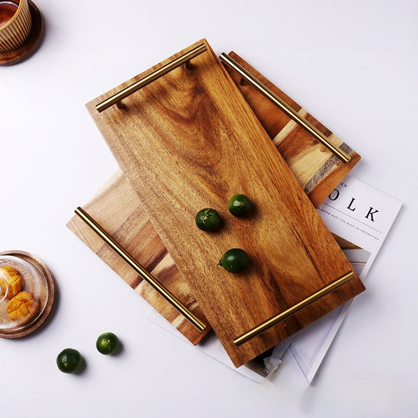 Bandeja Rectangular de Madera con Asa Metálica