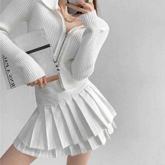 Falda Preppy de Talle Alto con Doble Pliegue para Mujer