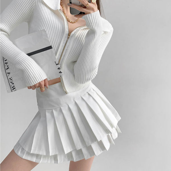 Falda Preppy de Talle Alto con Doble Pliegue para Mujer