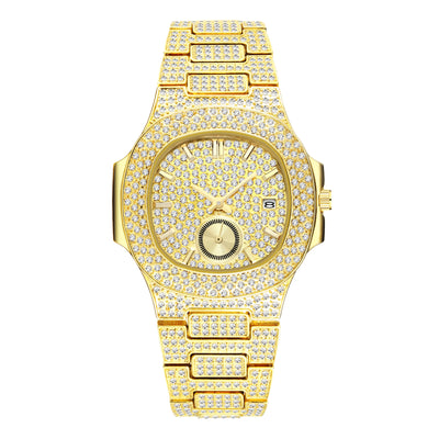 Reloj de Cuarzo para Hombre Dorado con Diamantes Completos - Lujo Hip Hop - Image 3