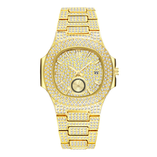 Reloj de Cuarzo para Hombre Dorado con Diamantes Completos - Lujo Hip Hop - Image 3