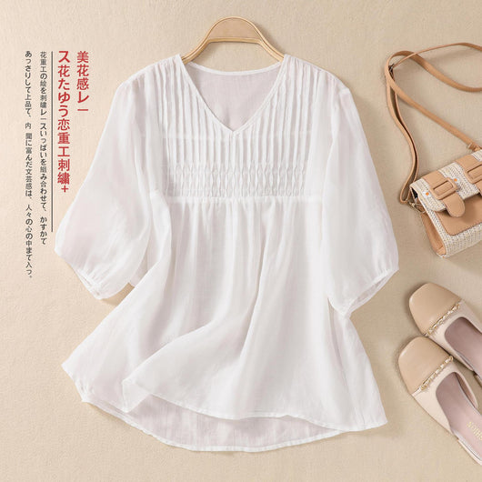 Blusa Suelta de Algodón y Lino con Cuello V - Image 7