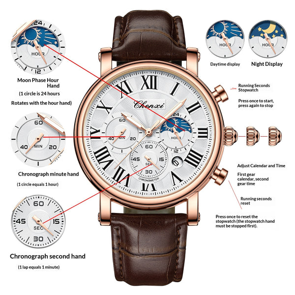 Reloj Empresarial Hombre Fases Lunares Calendario Resistente al Agua