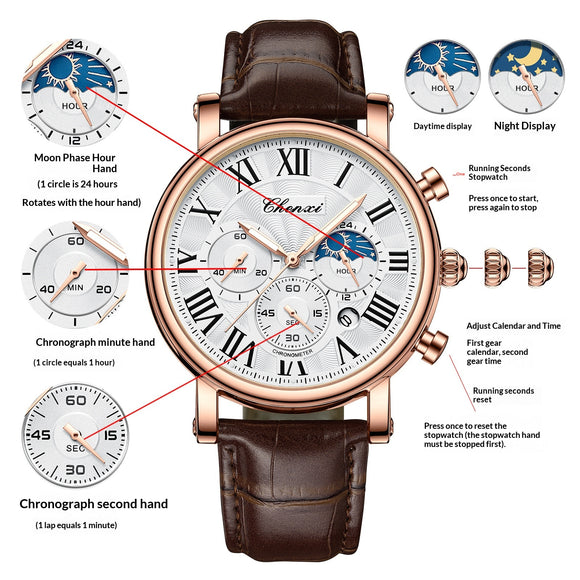 Reloj Empresarial Hombre Fases Lunares Calendario Resistente al Agua
