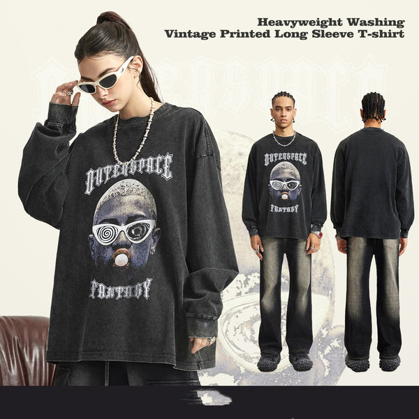Camiseta Retro Americana Estampada para Pareja - Manga Larga Cuello Redondo