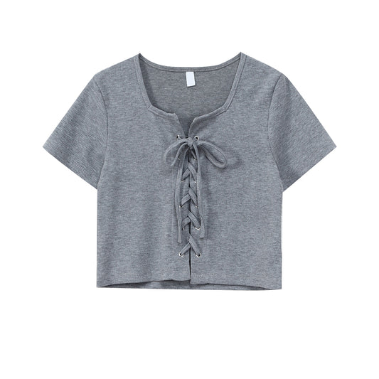 Camiseta Gris Ajustada de Manga Corta para Mujer