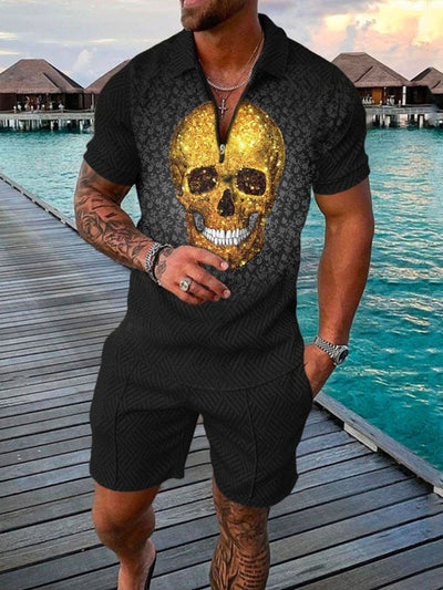 Conjunto de Camiseta Geométrica 3D con Cierre y Solapa - Estilo Verano para Hombre - Image 2