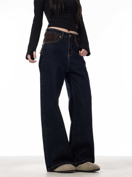 Jeans Retro Patchwork Cuadros Azules para Mujer Corte Recto y Holgado - Image 14