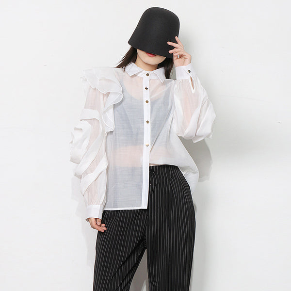 Blusa Organza Color Sólido con Cuello Solapa y Volantes - Image 3