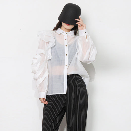 Blusa Organza Color Sólido con Cuello Solapa y Volantes - Image 3