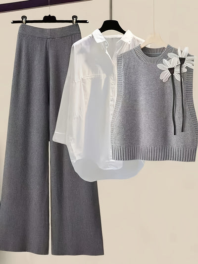 Conjunto de 3 Piezas: Chaleco Tejido con Moño, Camisa y Pantalón Casual - Image 6