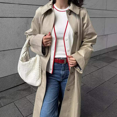 Abrigo Tipo Polo Trench Coat para Mujer Beige Abotonado Simple - Image 4