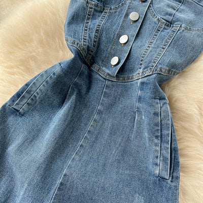 Pantalón Palazzo Denim de Cintura Alta con Top Tubo para Primavera y Verano - Image 14