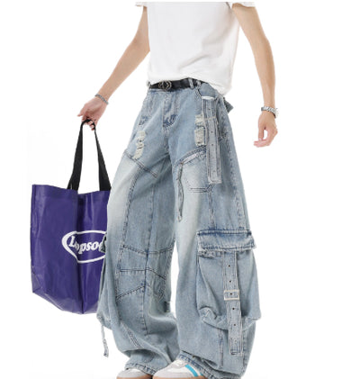 Pantalones Cargo Denim Deconstruidos Estilo Americano Unisex - Image 11