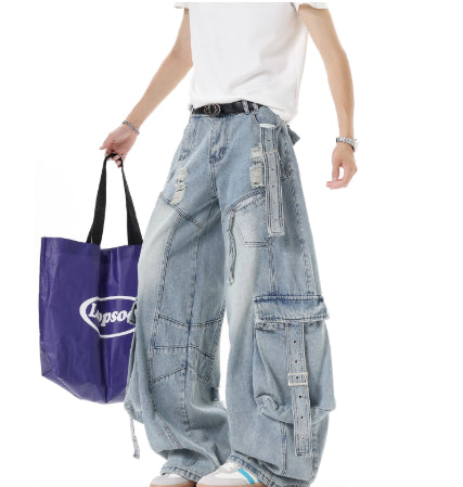 Pantalones Cargo Denim Deconstruidos Estilo Americano Unisex - Image 11