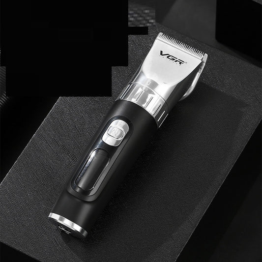 Black hair clipper with LCD digital display showing power and RPM, four guide combs (3mm-12mm), USB cable, cleaning brush, and oil bottle.