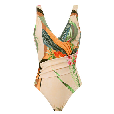 Two-piece tropical print swimsuit set with a V-neck one-piece and a matching long wrap skirt with tie waist. - Image 4