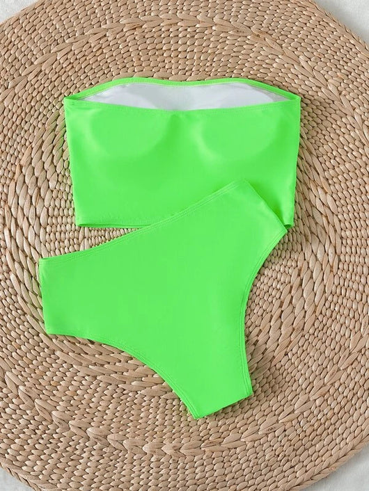 Vibrant orange strapless bandeau bikini top and high-waisted bottoms set, worn by a woman with a white shirt. - Image 18