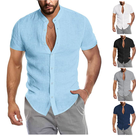 Camisa Cardigan de Lino con Cuello Alto y Manga Corta para Hombre