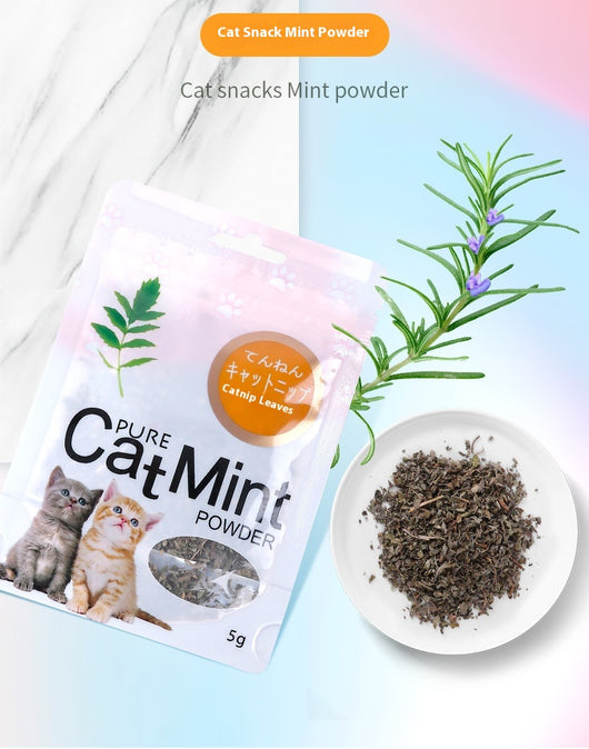Pure Cat Mint Powder pouch with two kittens, a green leaf graphic, and a window showing dried catnip leaves. Label reads 'Catnip Leaves' and '5g'. - Image 20