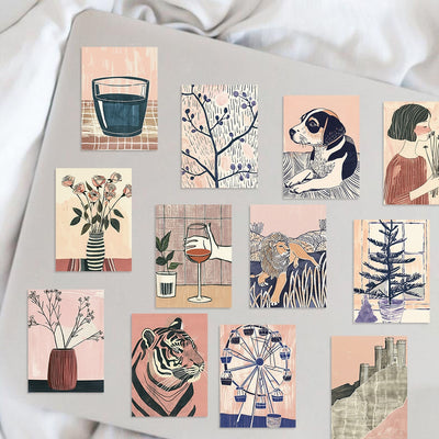 55 portable abstract art stickers in a cute cartoon style, featuring animals, objects, and scenes in pink, blue, and cream. - Image 10