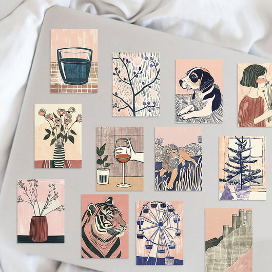 55 portable abstract art stickers in a cute cartoon style, featuring animals, objects, and scenes in pink, blue, and cream. - Image 10
