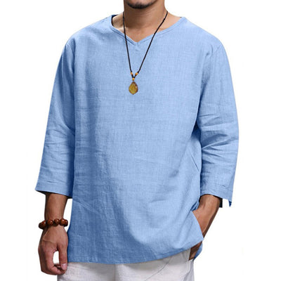 Camisa Holgada de Algodón y Lino con Cuello V - Manga Larga para Hombre - Image 6
