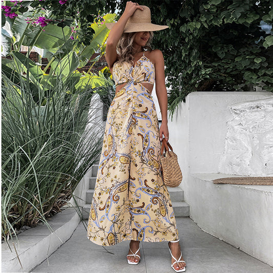 Vestido Elegante Halter Estampado sin Mangas para Vacaciones