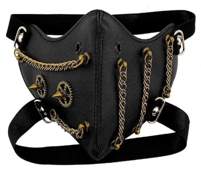 Black leather half-face mask with brass chains, spikes, and gear accents, featuring adjustable elastic straps. - Image 43