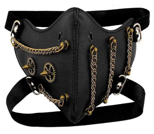 Black leather half-face mask with brass chains, spikes, and gear accents, featuring adjustable elastic straps. - Image 43