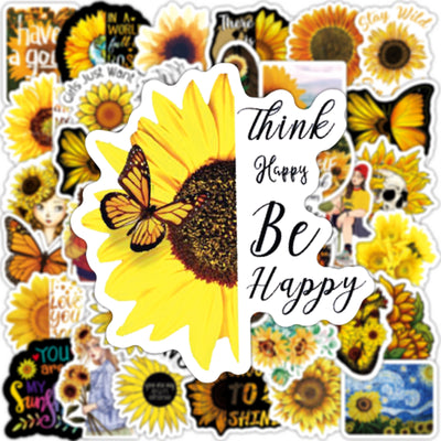 A collection of sunflower stickers, including a large central sticker with a Van Gogh-inspired sunflower painting on a blue background. - Image 6