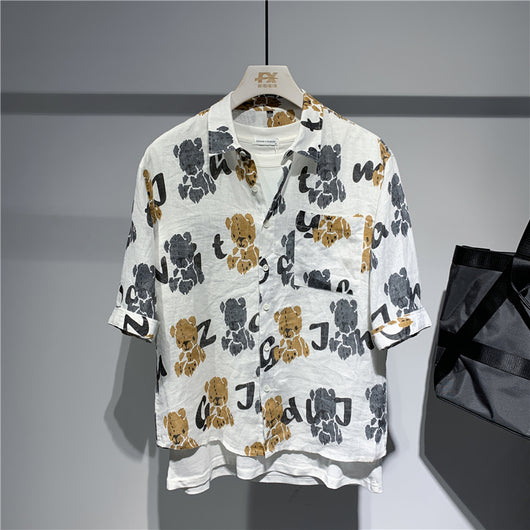 Camisa Lino Hombre Manga Corta Estampado Oso Retro Japonés Diseño Oversized
