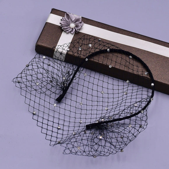 Velo Nupcial con Strass y Cinta Frontal de Malla - Negro y Blanco