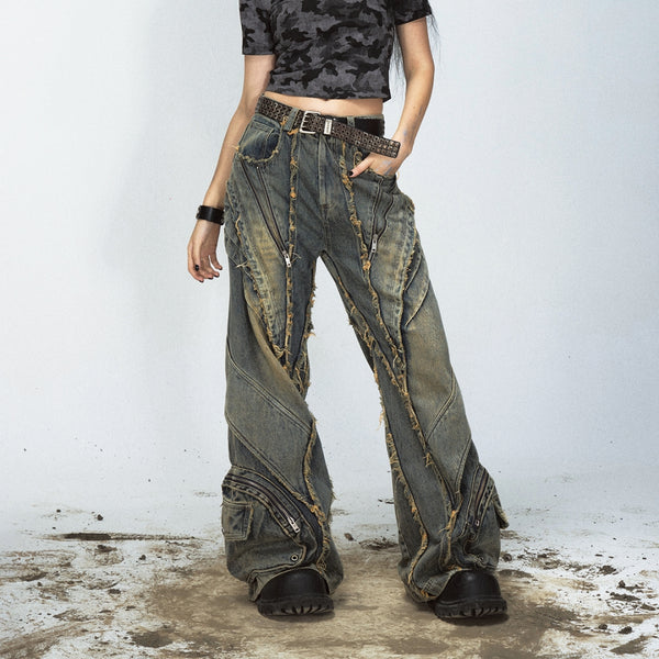 Pantalones Vaqueros Vintage Pierna Ancha con Costuras Vistas Efecto Destruido
