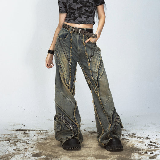 Pantalones Vaqueros Vintage Pierna Ancha con Costuras Vistas Efecto Destruido