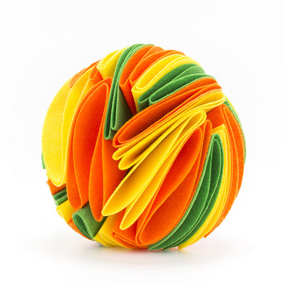 Colorful felt cloth snuffle ball for pets, featuring folded fabric strips in red, orange, yellow, green, blue, and purple. - Image 4