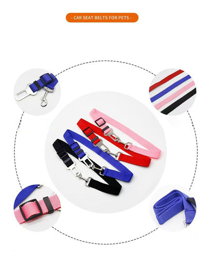Pink adjustable dog car seat belt with a metal seatbelt buckle and a silver swivel snap hook. - Image 27