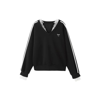 Sudadera Negra Escote V Manga Larga Estilo Estadounidense para Mujer - Image 5